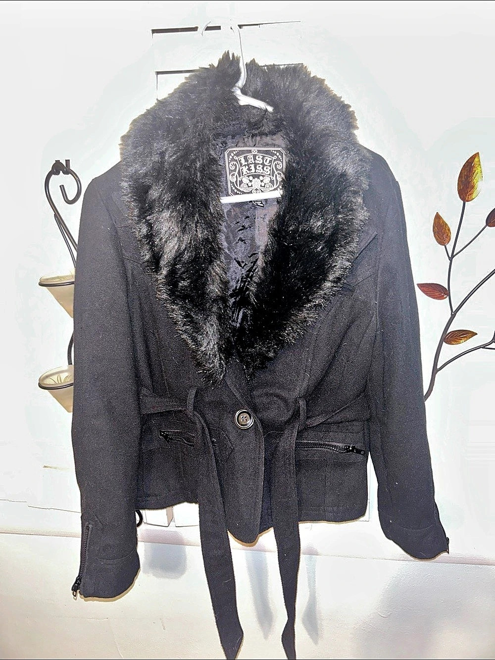 Last Kiss Faux Fur Collar Wool Blend Jacket Black Large